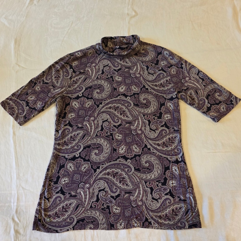 Lauren Ralph Lauren Purple Paisley Mock Neck Elbow Sleeve Top Large L RL Logo